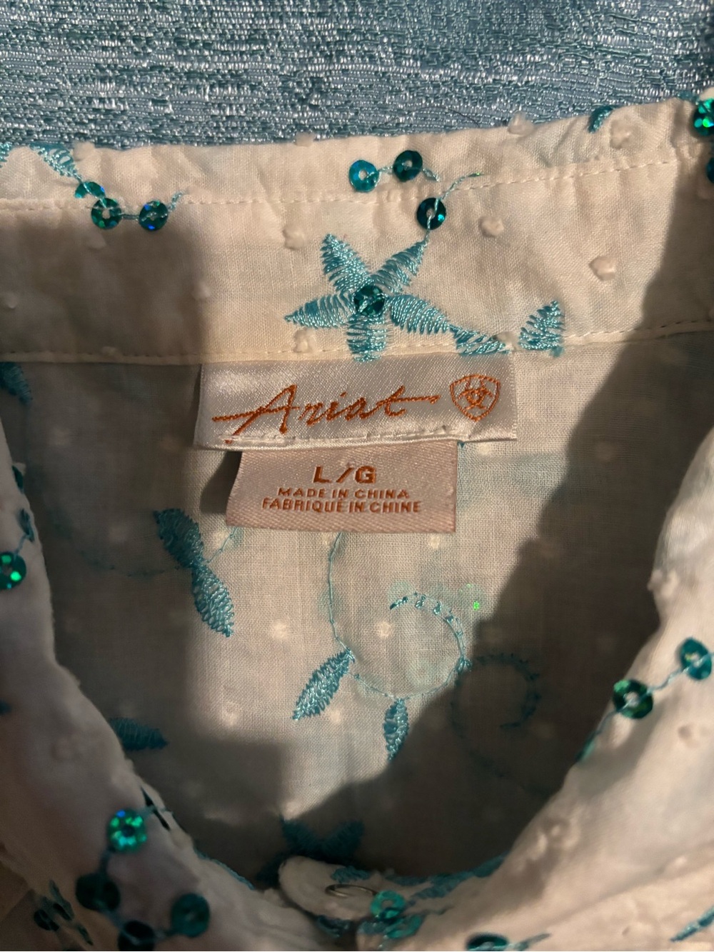 Ariat White show shirt with Turquoise Embroidery and Sequins women’s
